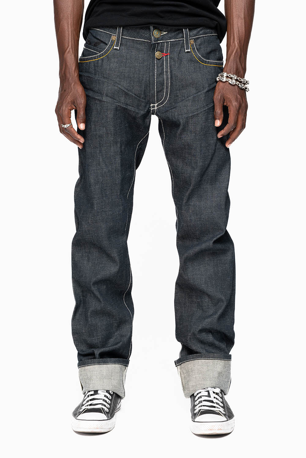 ROBIN’S FAKE FLAP  STRAIGHT LEG JEANS IN RAW RED SALVAGED DENIM WITH MULTI COLOR STITCHING WITH CRYSTALS