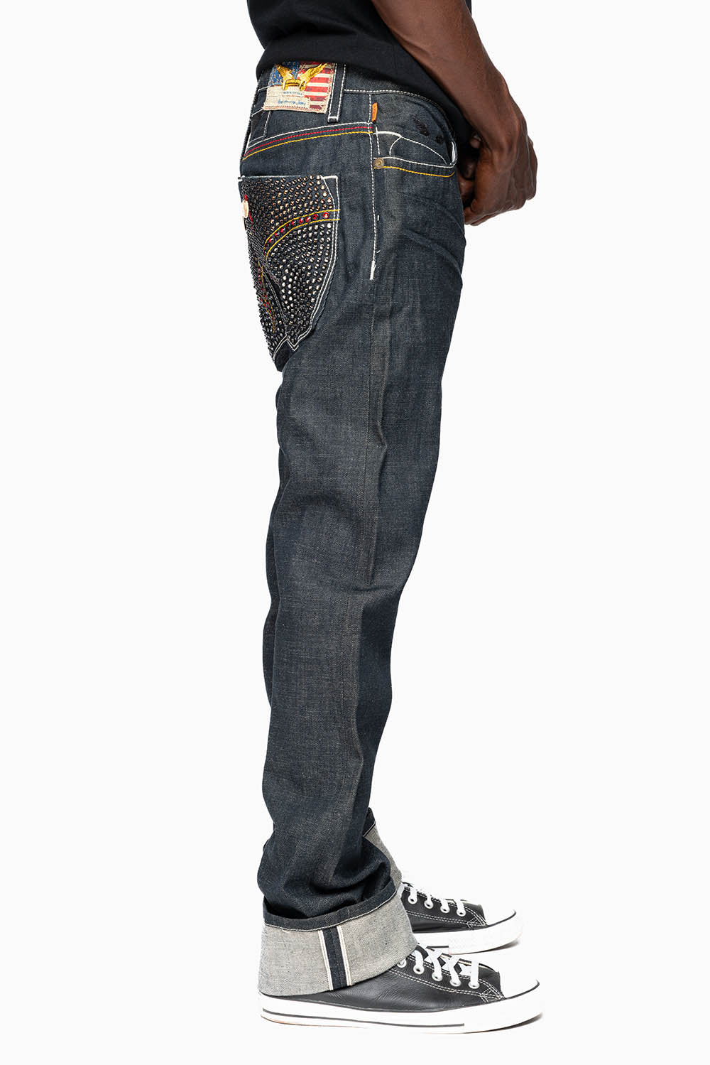 ROBIN’S FAKE FLAP  STRAIGHT LEG JEANS IN RAW RED SALVAGED DENIM WITH MULTI COLOR STITCHING WITH CRYSTALS