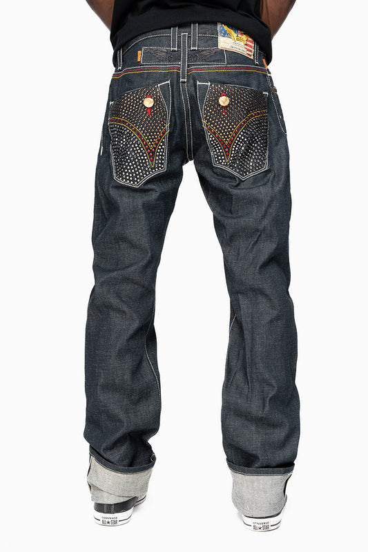 ROBIN’S FAKE FLAP  STRAIGHT LEG JEANS IN RAW RED SALVAGED DENIM WITH MULTI COLOR STITCHING WITH CRYSTALS