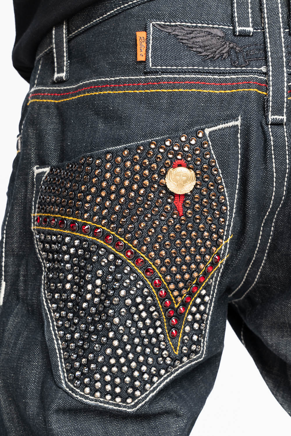 ROBIN’S FAKE FLAP  STRAIGHT LEG JEANS IN RAW RED SALVAGED DENIM WITH MULTI COLOR STITCHING WITH CRYSTALS