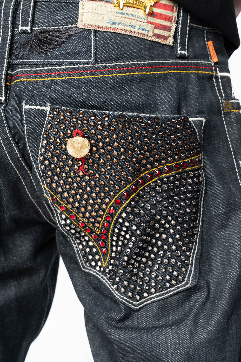 ROBIN’S FAKE FLAP  STRAIGHT LEG JEANS IN RAW RED SALVAGED DENIM WITH MULTI COLOR STITCHING WITH CRYSTALS