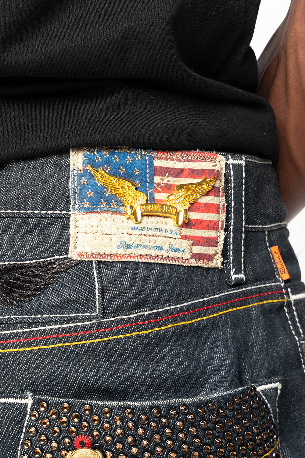 ROBIN’S FAKE FLAP  STRAIGHT LEG JEANS IN RAW RED SALVAGED DENIM WITH MULTI COLOR STITCHING WITH CRYSTALS