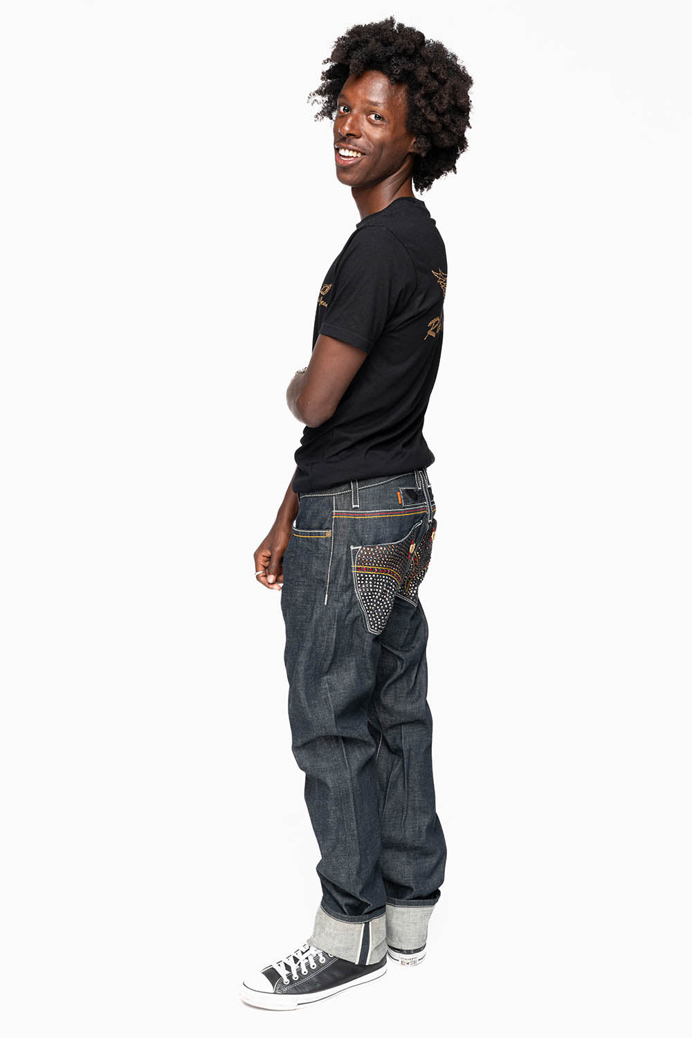 ROBIN’S FAKE FLAP  STRAIGHT LEG JEANS IN RAW RED SALVAGED DENIM WITH MULTI COLOR STITCHING WITH CRYSTALS