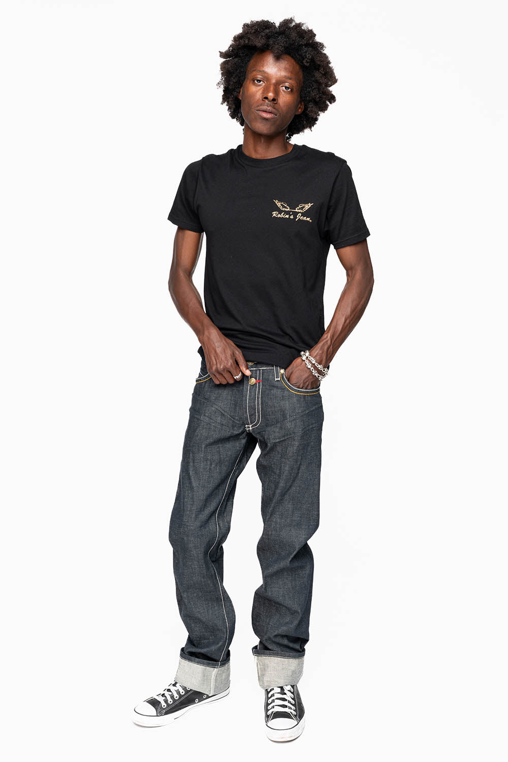 ROBIN’S FAKE FLAP  STRAIGHT LEG JEANS IN RAW RED SALVAGED DENIM WITH MULTI COLOR STITCHING WITH CRYSTALS
