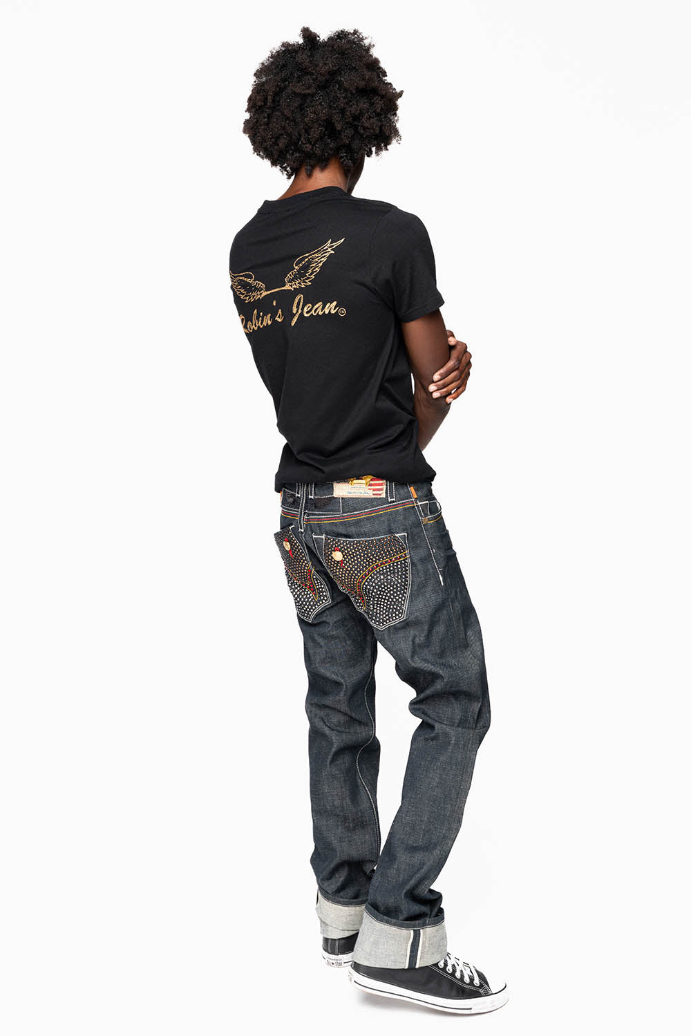 ROBIN’S FAKE FLAP  STRAIGHT LEG JEANS IN RAW RED SALVAGED DENIM WITH MULTI COLOR STITCHING WITH CRYSTALS