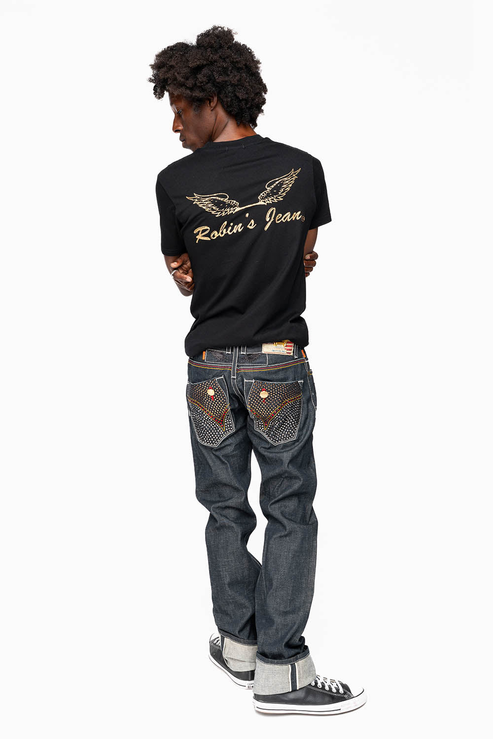 ROBIN’S FAKE FLAP  STRAIGHT LEG JEANS IN RAW RED SALVAGED DENIM WITH MULTI COLOR STITCHING WITH CRYSTALS