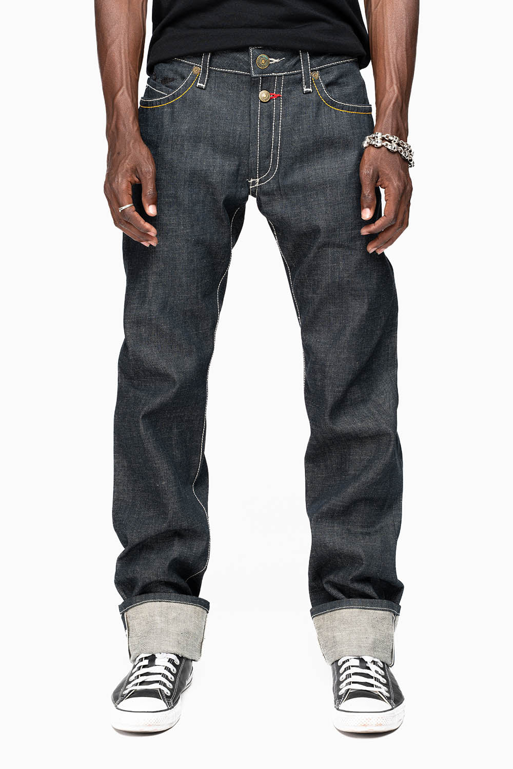 ROBIN’S FAKE FLAP 5 POCKET STRAIGHT LEG JEANS IN RAW RED SALVAGED DENIM WITH MULTI COLOR STITCHING