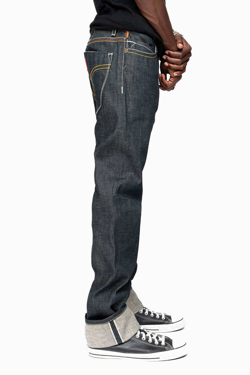 ROBIN’S FAKE FLAP 5 POCKET STRAIGHT LEG JEANS IN RAW RED SALVAGED DENIM WITH MULTI COLOR STITCHING