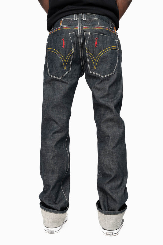 ROBIN’S FAKE FLAP 5 POCKET STRAIGHT LEG JEANS IN RAW RED SALVAGED DENIM WITH MULTI COLOR STITCHING