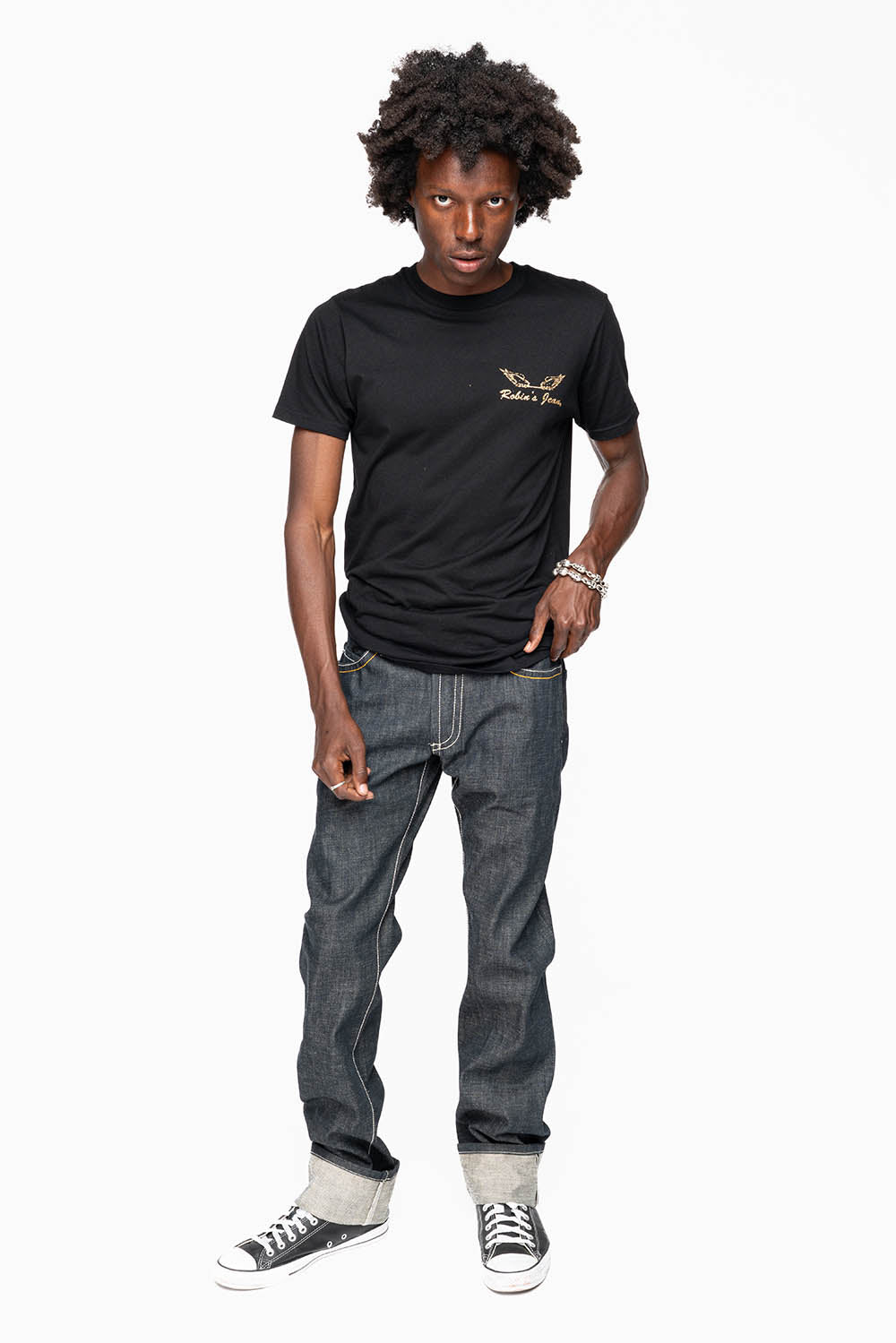 ROBIN’S FAKE FLAP 5 POCKET STRAIGHT LEG JEANS IN RAW RED SALVAGED DENIM WITH MULTI COLOR STITCHING