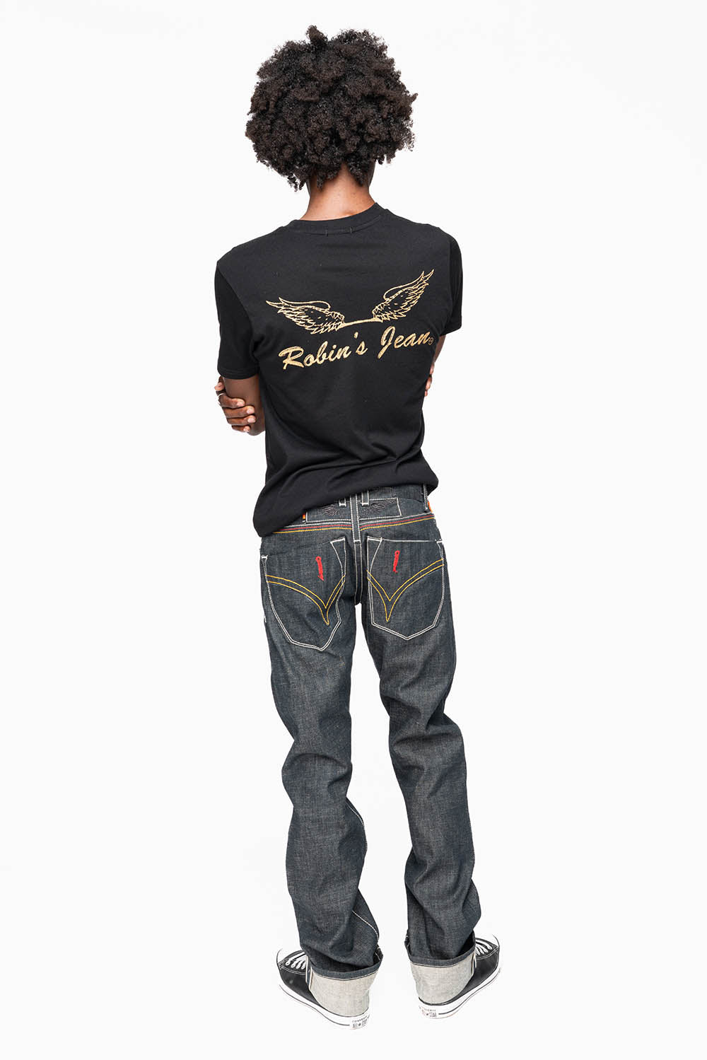 ROBIN’S FAKE FLAP 5 POCKET STRAIGHT LEG JEANS IN RAW RED SALVAGED DENIM WITH MULTI COLOR STITCHING