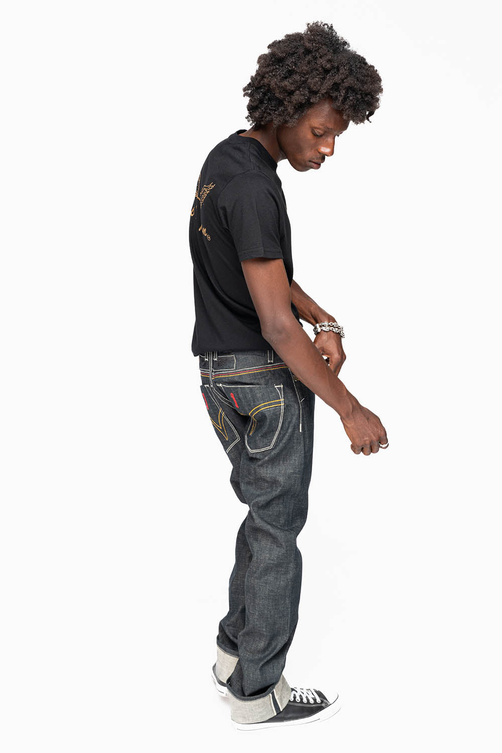 ROBIN’S FAKE FLAP 5 POCKET STRAIGHT LEG JEANS IN RAW RED SALVAGED DENIM WITH MULTI COLOR STITCHING