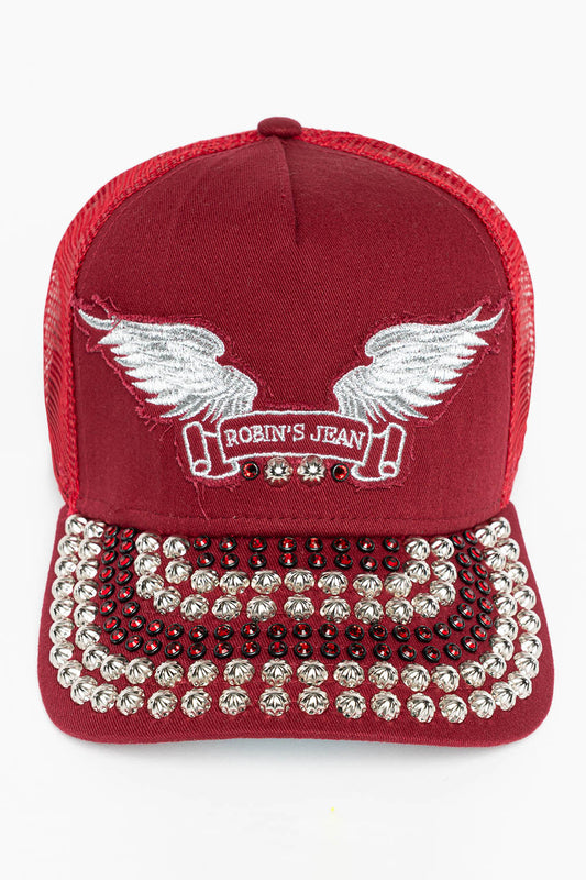 BURGUNDY TRUCKER HAT WITH RED CRYSTAL AND SILVER NAILHEAD EMBELLISHMENT