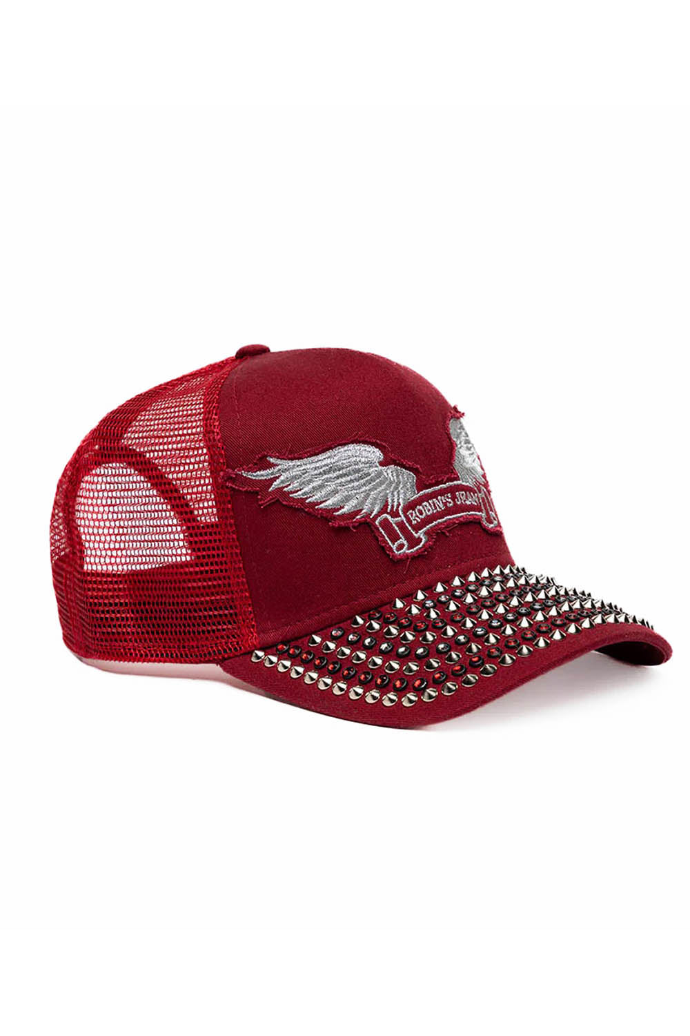 BURGUNDY TRUCKER HAT WITH SILVER EMBELLISHMENT