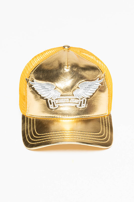 ROBIN’S CLASSIC WING CAP IN METALLIC GOLD WITH SILVER EMBROIDERED LOGO