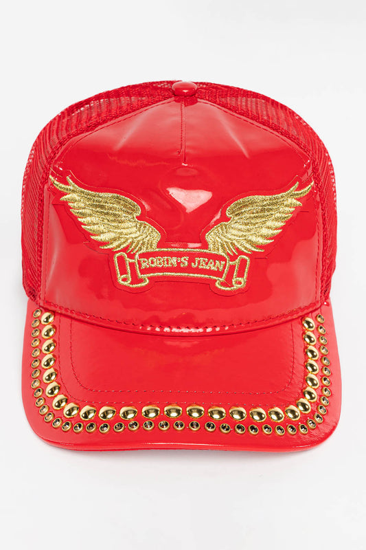 ROBIN’S CLASSIC WING CAP IN RED PATENT WITH GOLD EMBROIDERED LOGO WITH EMBELLISHMENT