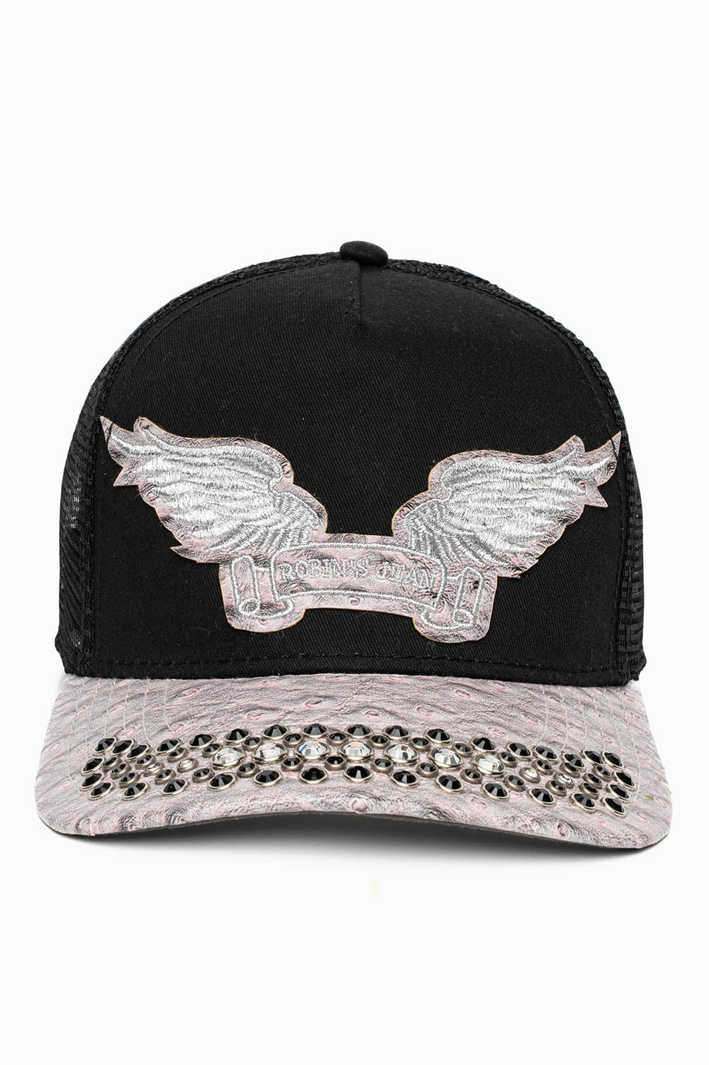 BLK/GREY OSTRICH TRUCKER HAT WITH LARGE CLEAR AND JET BLK CRYSTALS