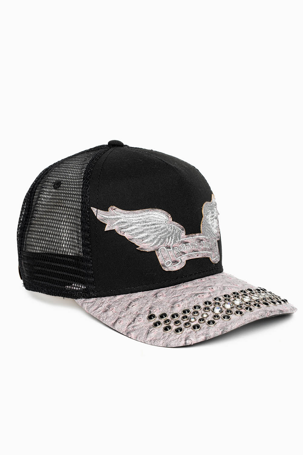 BLK/GREY OSTRICH TRUCKER HAT WITH LARGE CLEAR AND JET BLK CRYSTALS