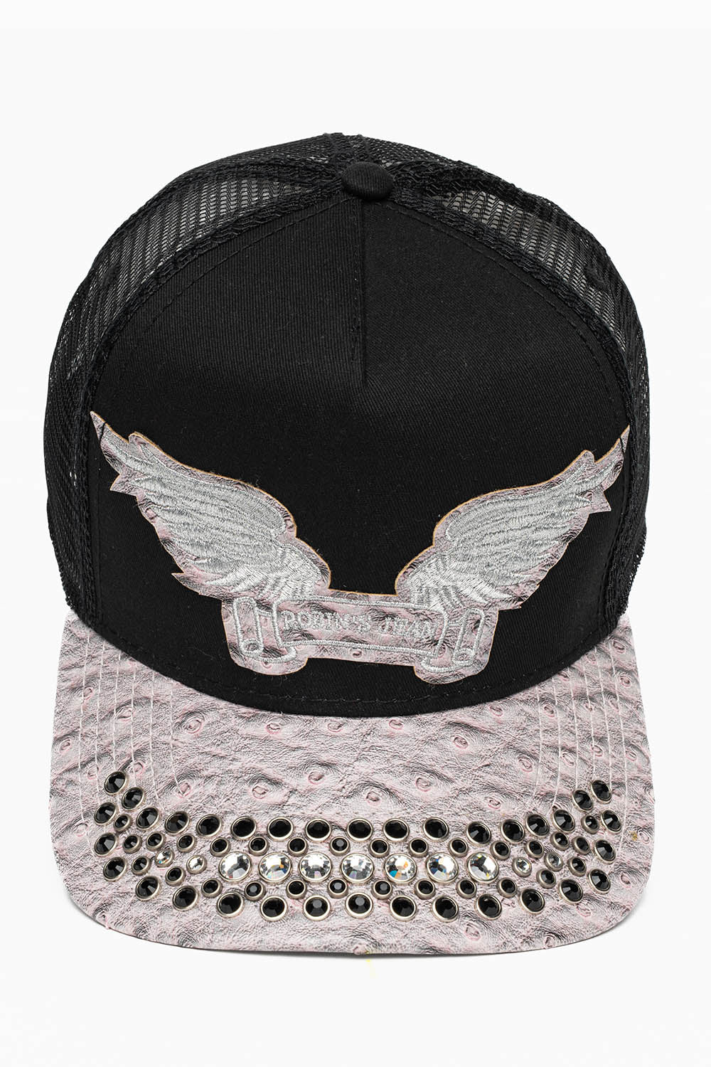 BLK/GREY OSTRICH TRUCKER HAT WITH LARGE CLEAR AND JET BLK CRYSTALS