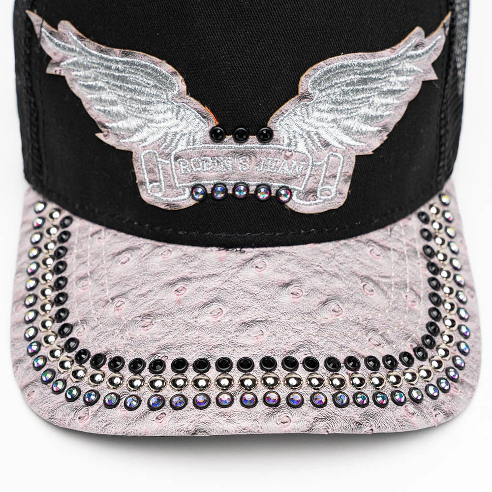 BLK/GREY OSTRICH TRUCKER HAT WITH SILVER EMBELLISHMENT