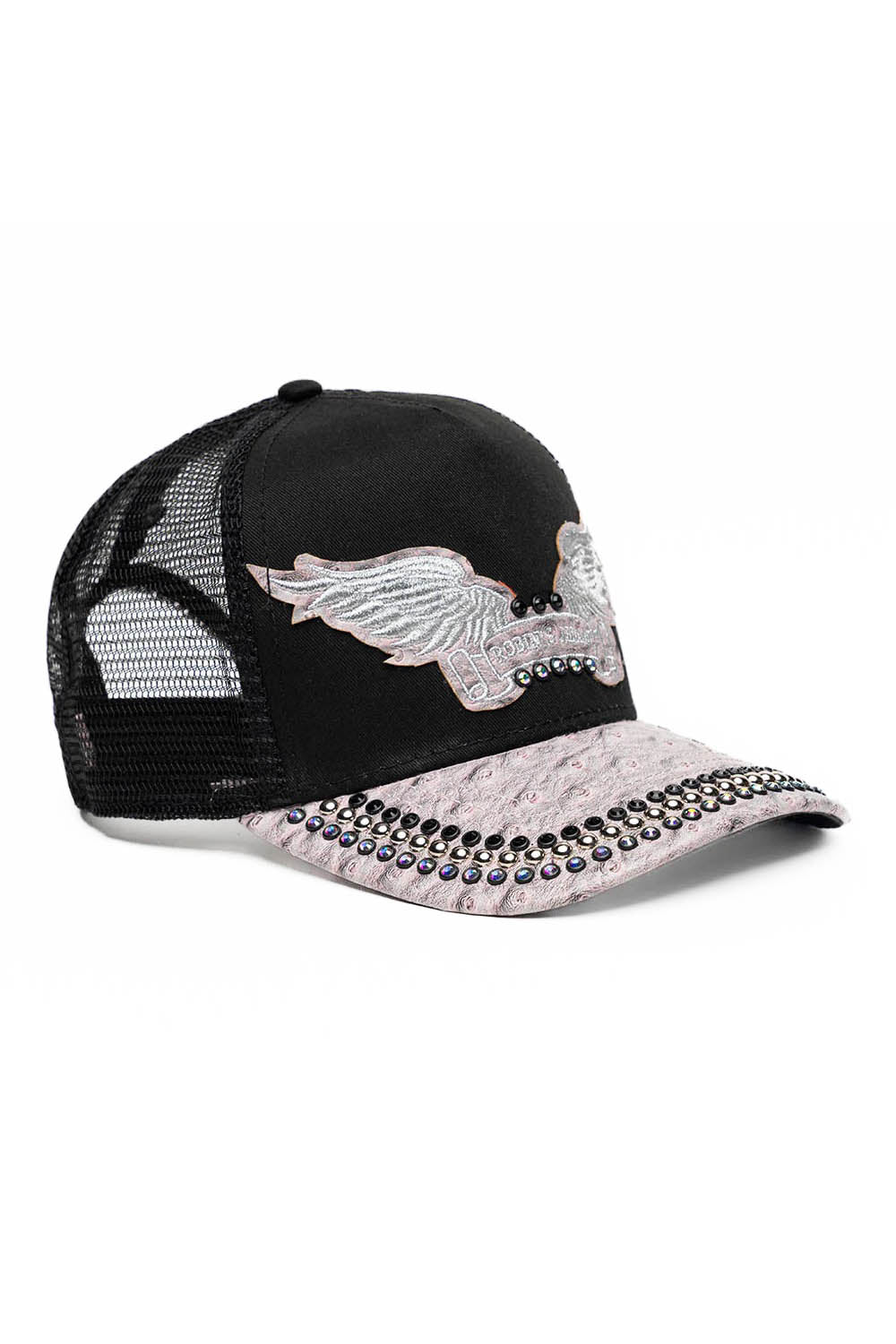 BLK/GREY OSTRICH TRUCKER HAT WITH SILVER EMBELLISHMENT