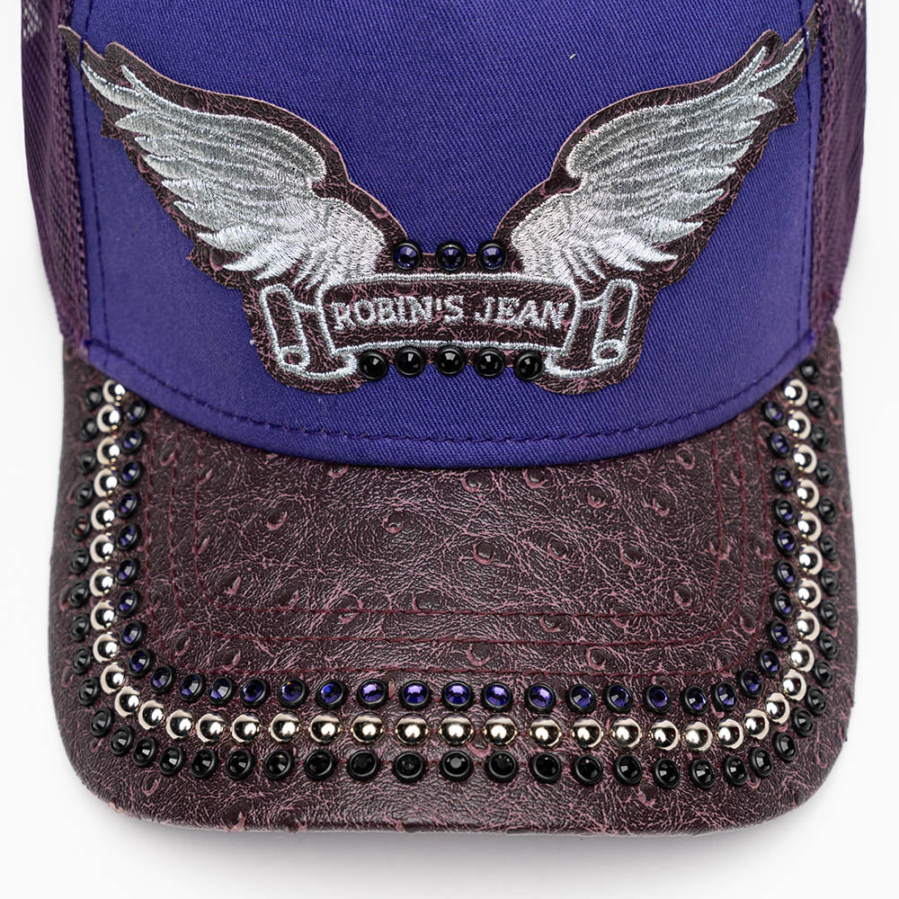 PURPLE/WINE OSTRICH TRUCKER HAT WITH SILVER EMBELLISHMENT