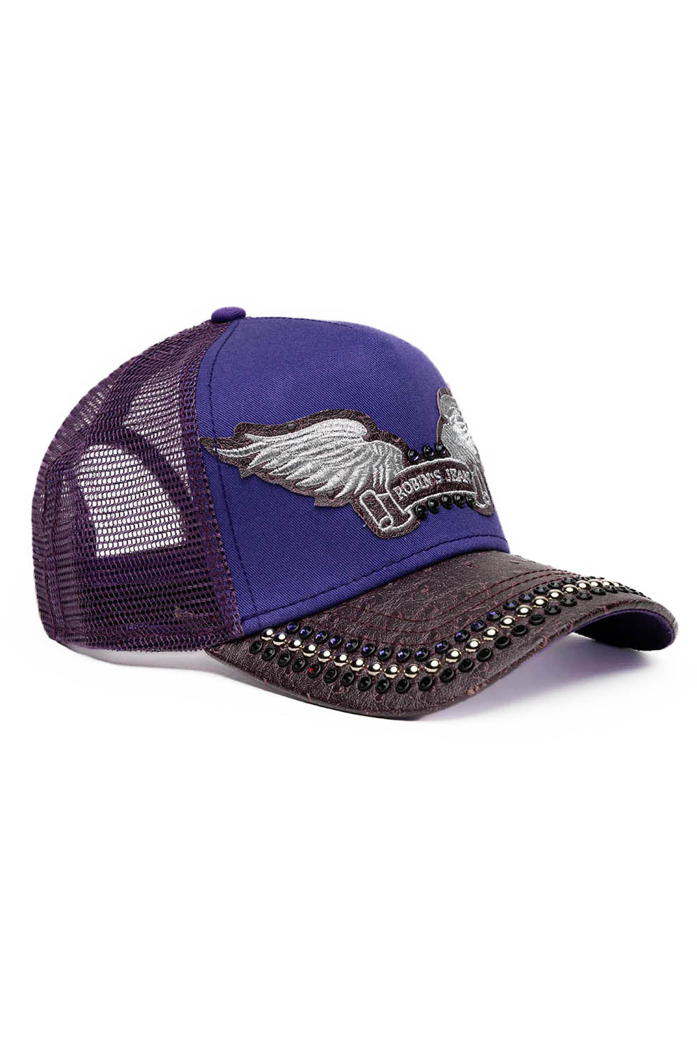 PURPLE/WINE OSTRICH TRUCKER HAT WITH SILVER EMBELLISHMENT