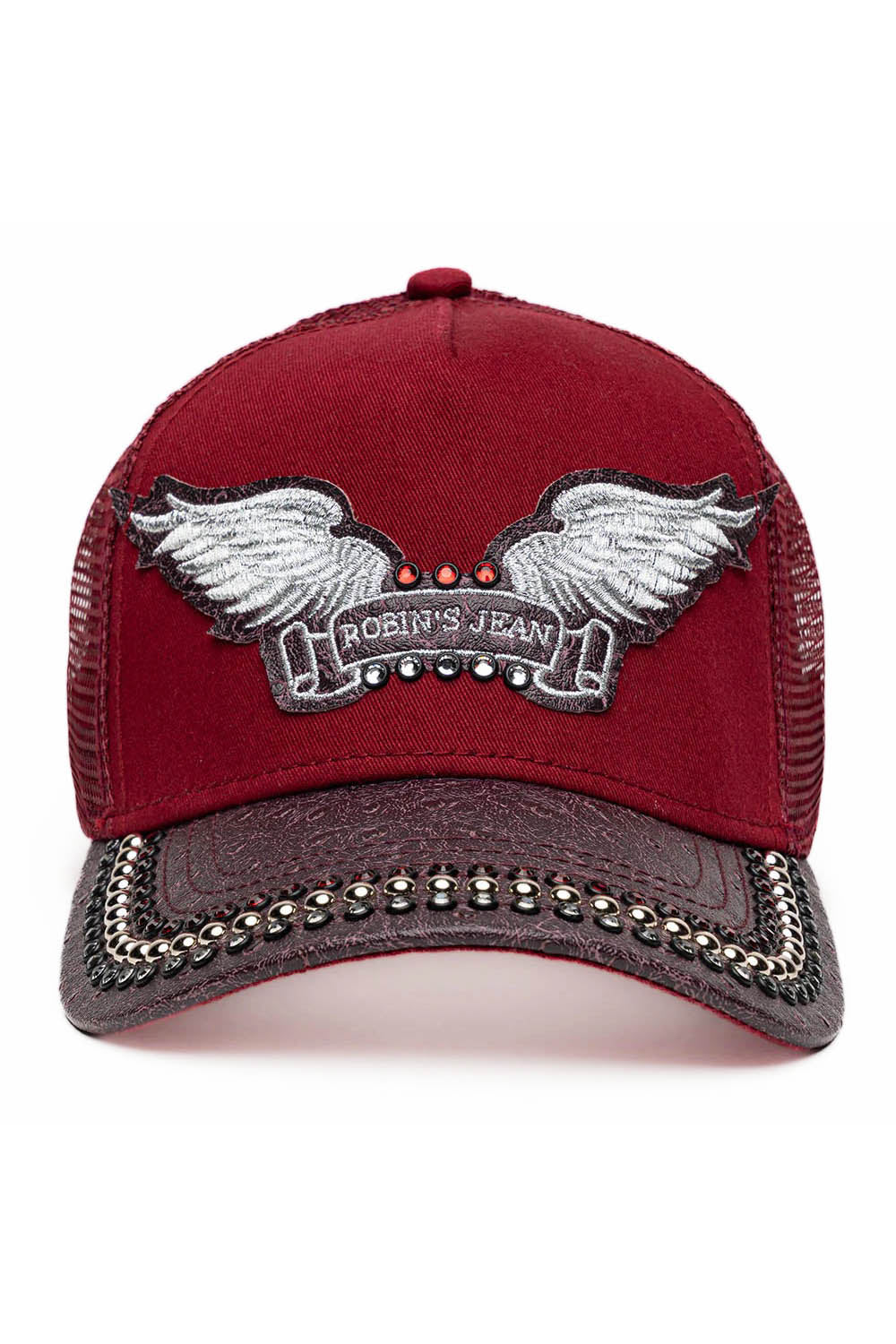 BURGUNDY/WINE OSTRICH TRUCKER HAT WITH SILVER EMBELLISHMENT