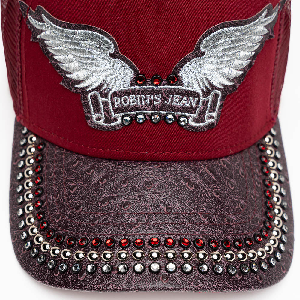 BURGUNDY/WINE OSTRICH TRUCKER HAT WITH SILVER EMBELLISHMENT