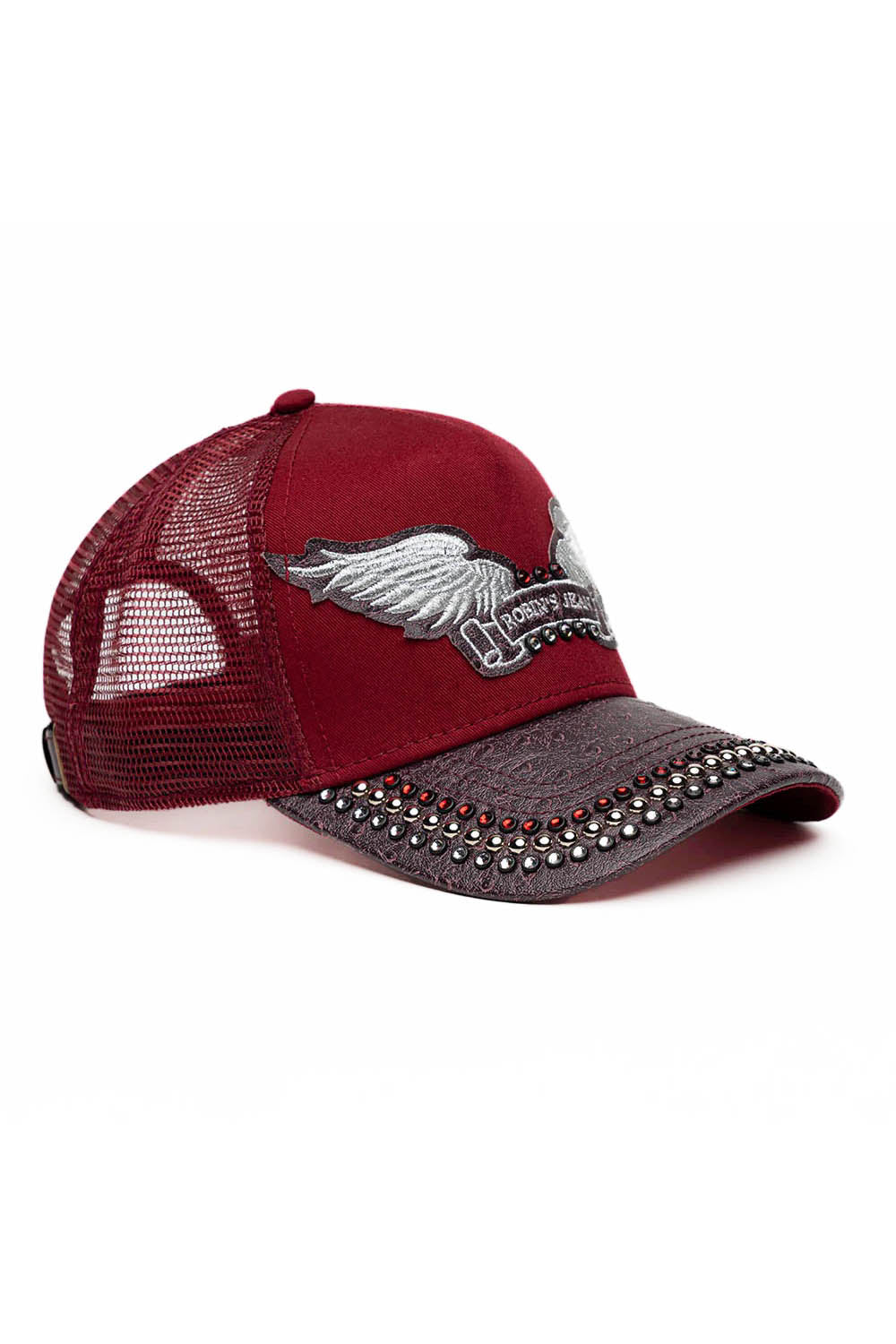 BURGUNDY/WINE OSTRICH TRUCKER HAT WITH SILVER EMBELLISHMENT