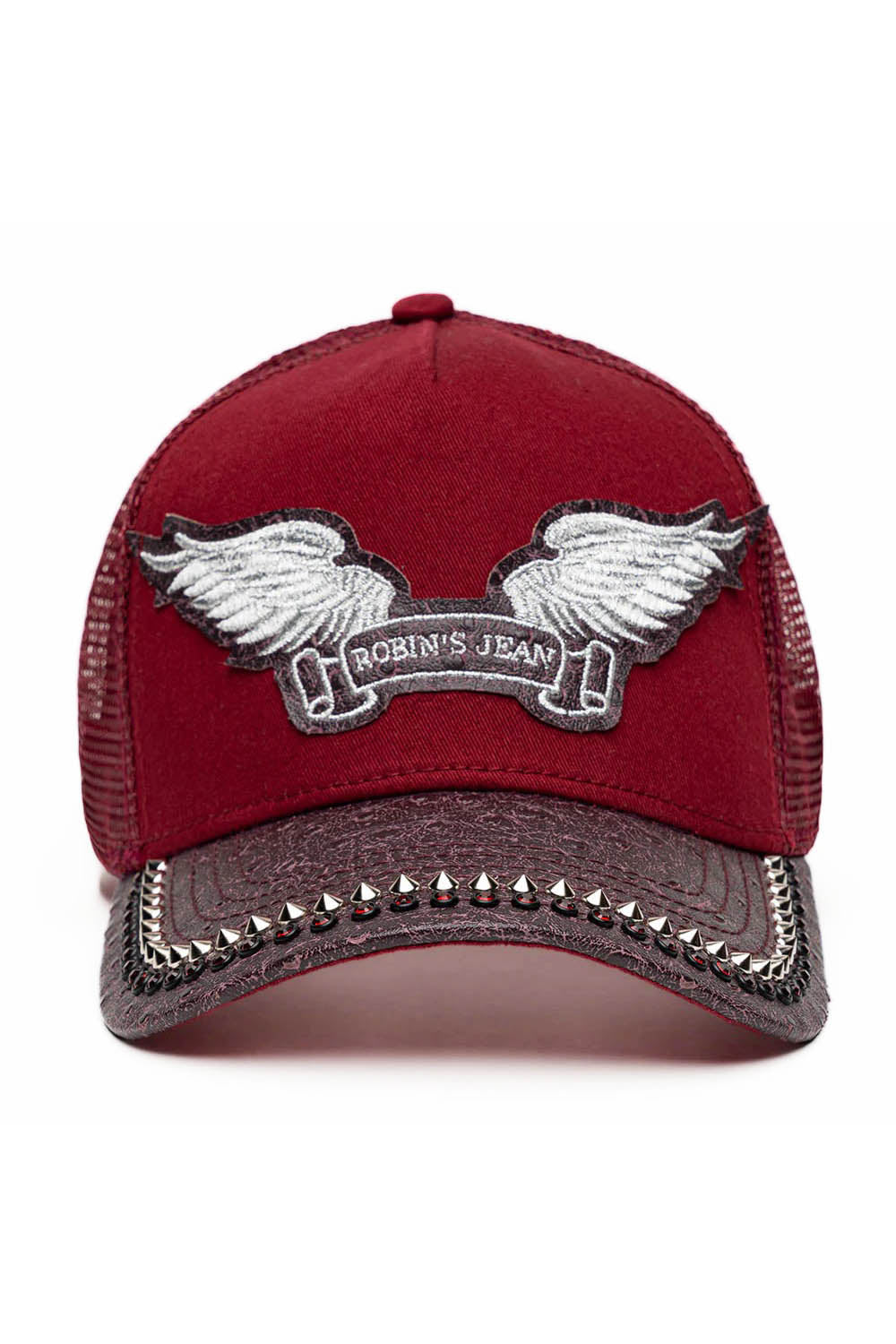 BURGUNDY/WINE OSTRICH TRUCKER HAT WITH SILVER SPIKE/RED CRYSTAL EMBELLISHMENT