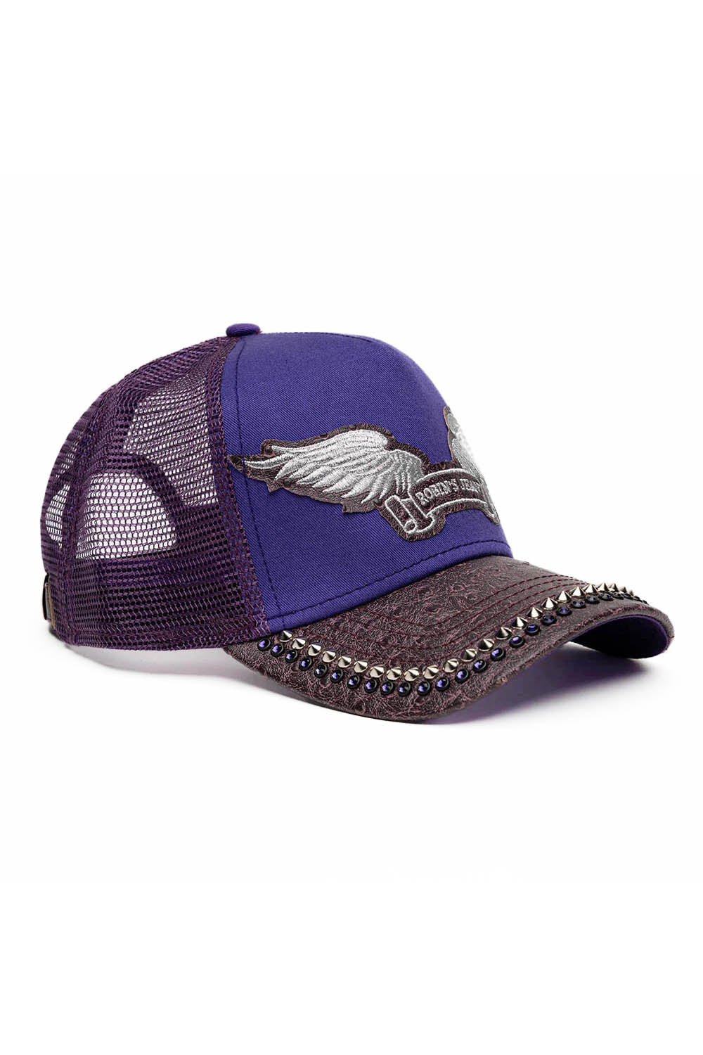 PURPLE/WINE OSTRICH TRUCKER HAT WITH SILVER SPIKE/PURPLE CRYSTAL EMBELLISHMENT