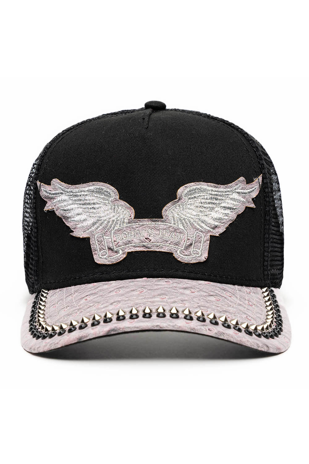 BLK/GREY OSTRICH TRUCKER HAT WITH SILVER SPIKE/BLK CRYSTAL EMBELLISHMENT