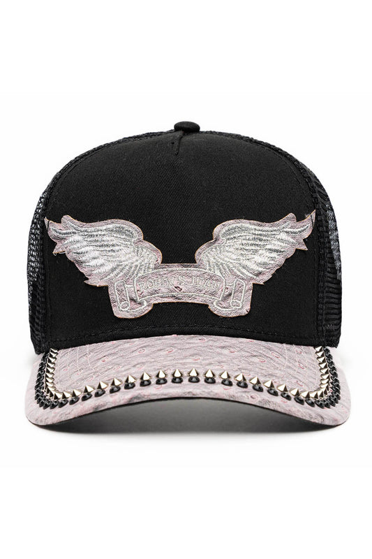 BLK/GREY OSTRICH TRUCKER HAT WITH SILVER SPIKE/BLK CRYSTAL EMBELLISHMENT