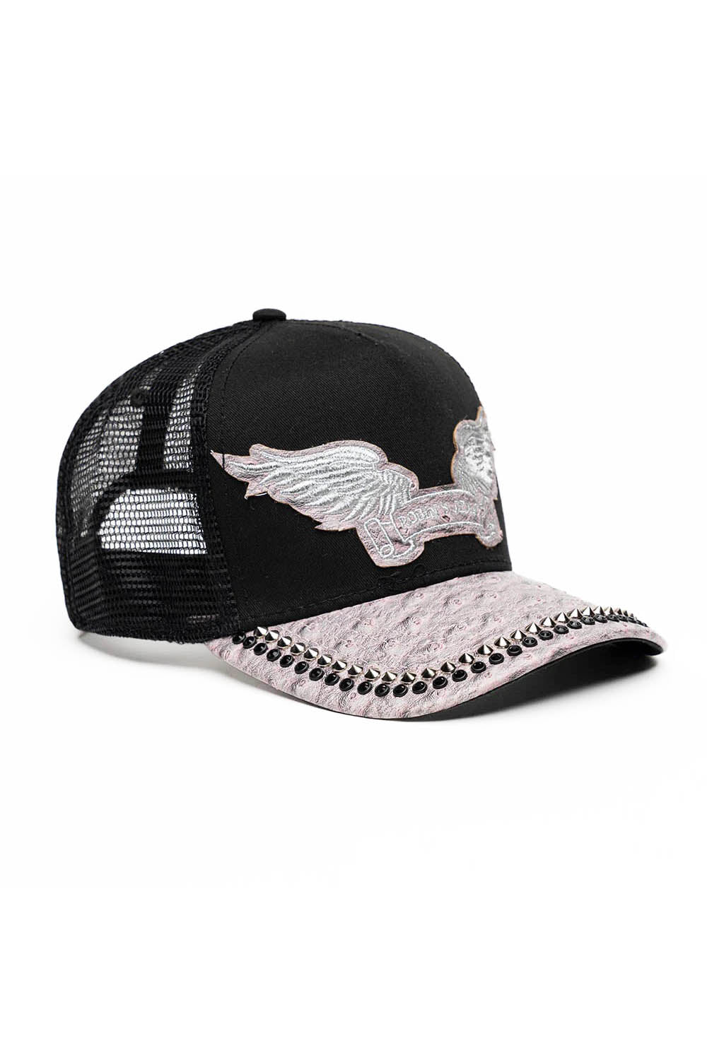 BLK/GREY OSTRICH TRUCKER HAT WITH SILVER SPIKE/BLK CRYSTAL EMBELLISHMENT