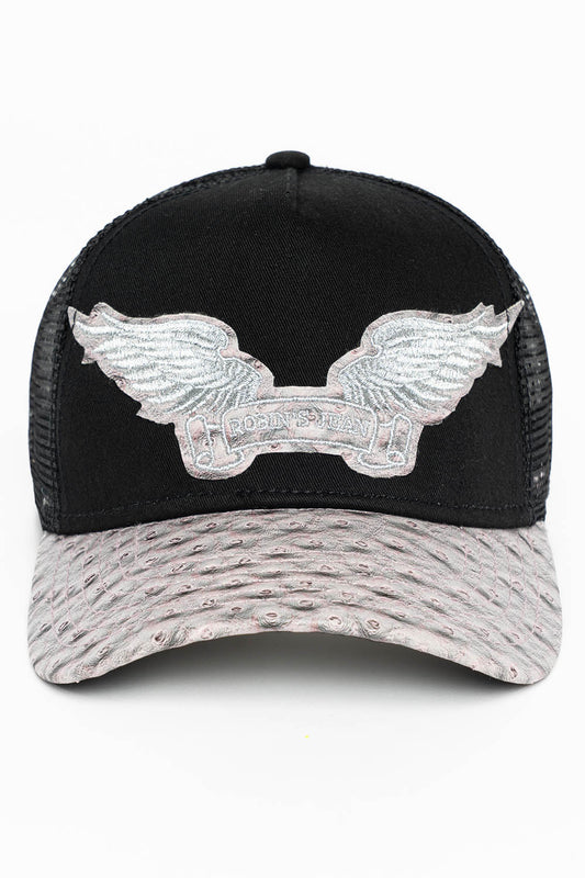 BLK/GREY OSTRICH TRUCKER HAT WITH SILVER EMBROIDERED WINGS