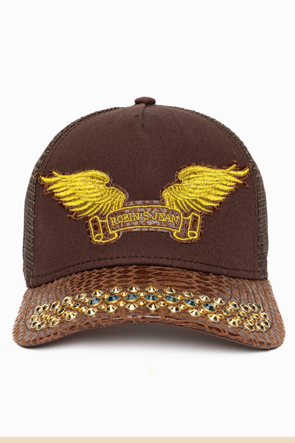 BROWN PYTHON TRUCKER HAT WITH MONTANA BLUE AND AURUM CRYSTALS
