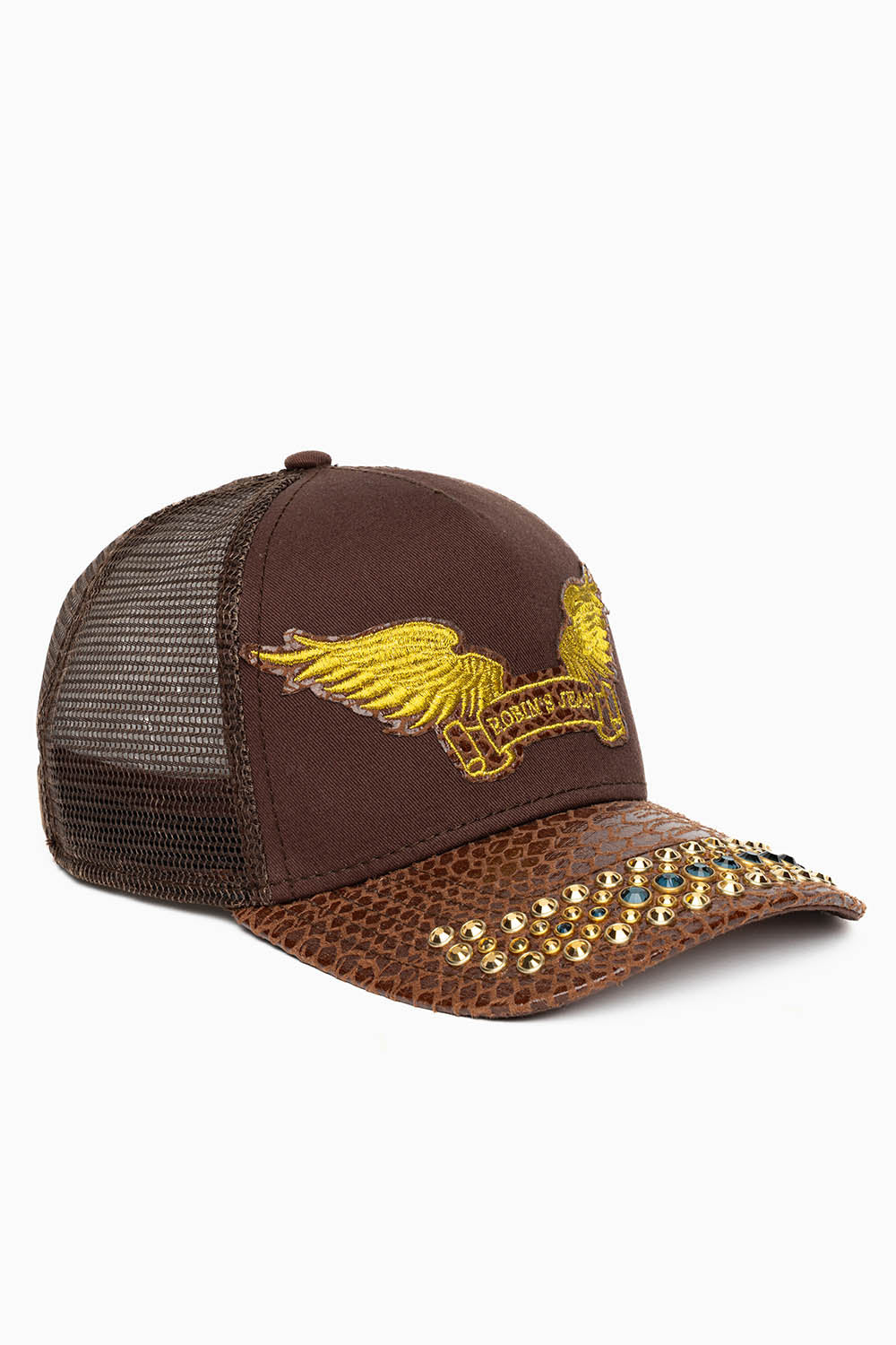 BROWN PYTHON TRUCKER HAT WITH MONTANA BLUE AND AURUM CRYSTALS