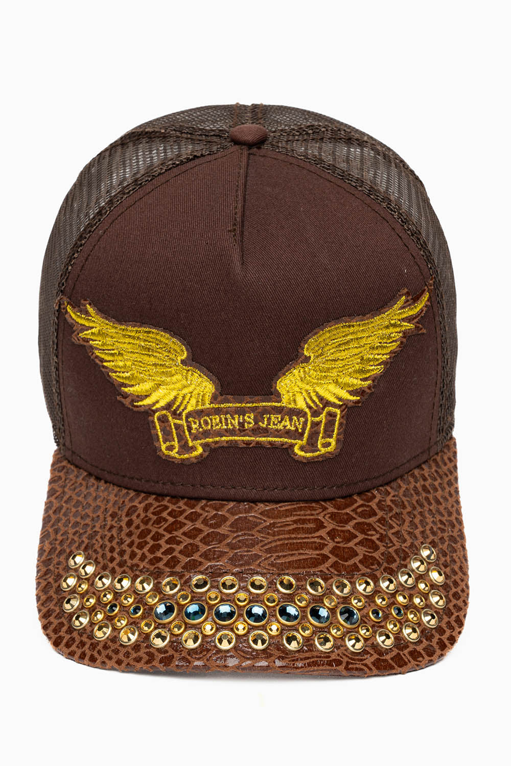 Houston Python Hat BROWN PYTHON TRUCKER HAT WITH MONTANA BLUE AND AURUM CRYSTALS – Robin's ...