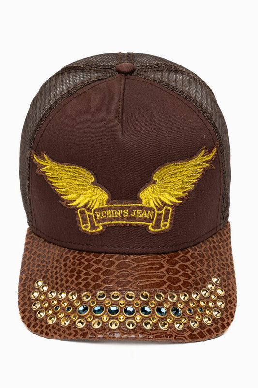 BROWN PYTHON TRUCKER HAT WITH MONTANA BLUE AND AURUM CRYSTALS