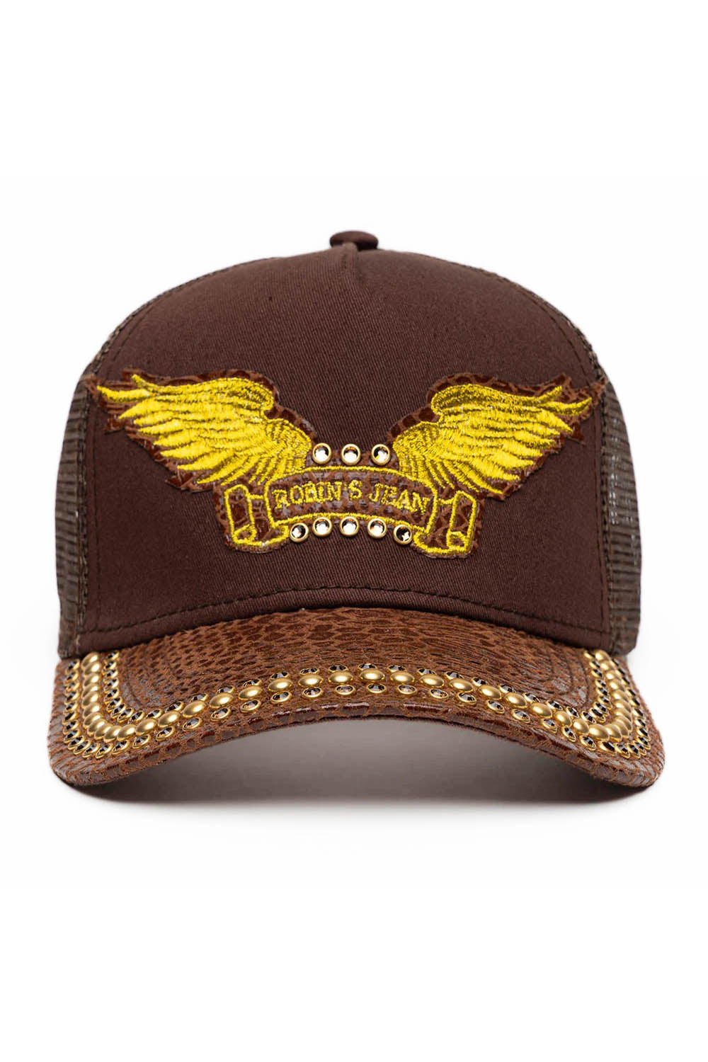 BROWN PYTHON TRUCKER HAT WITH GOLD EMBELLISHMENT