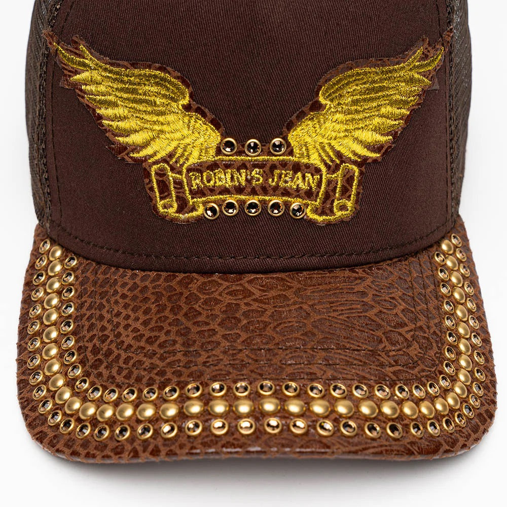 BROWN PYTHON TRUCKER HAT WITH GOLD EMBELLISHMENT