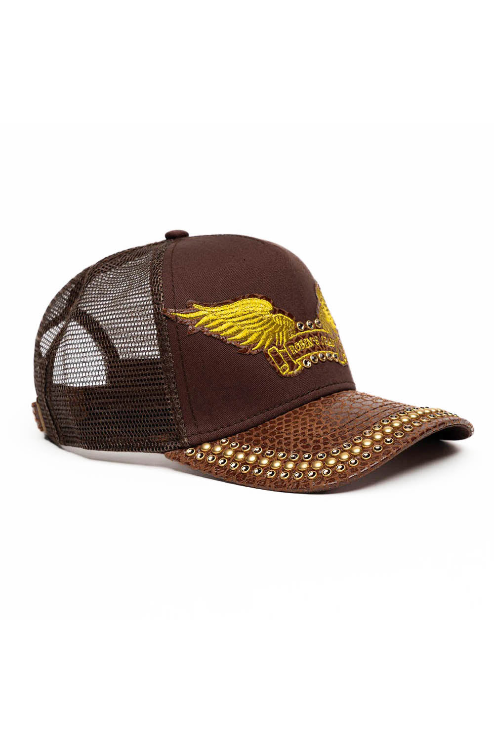 BROWN PYTHON TRUCKER HAT WITH GOLD EMBELLISHMENT