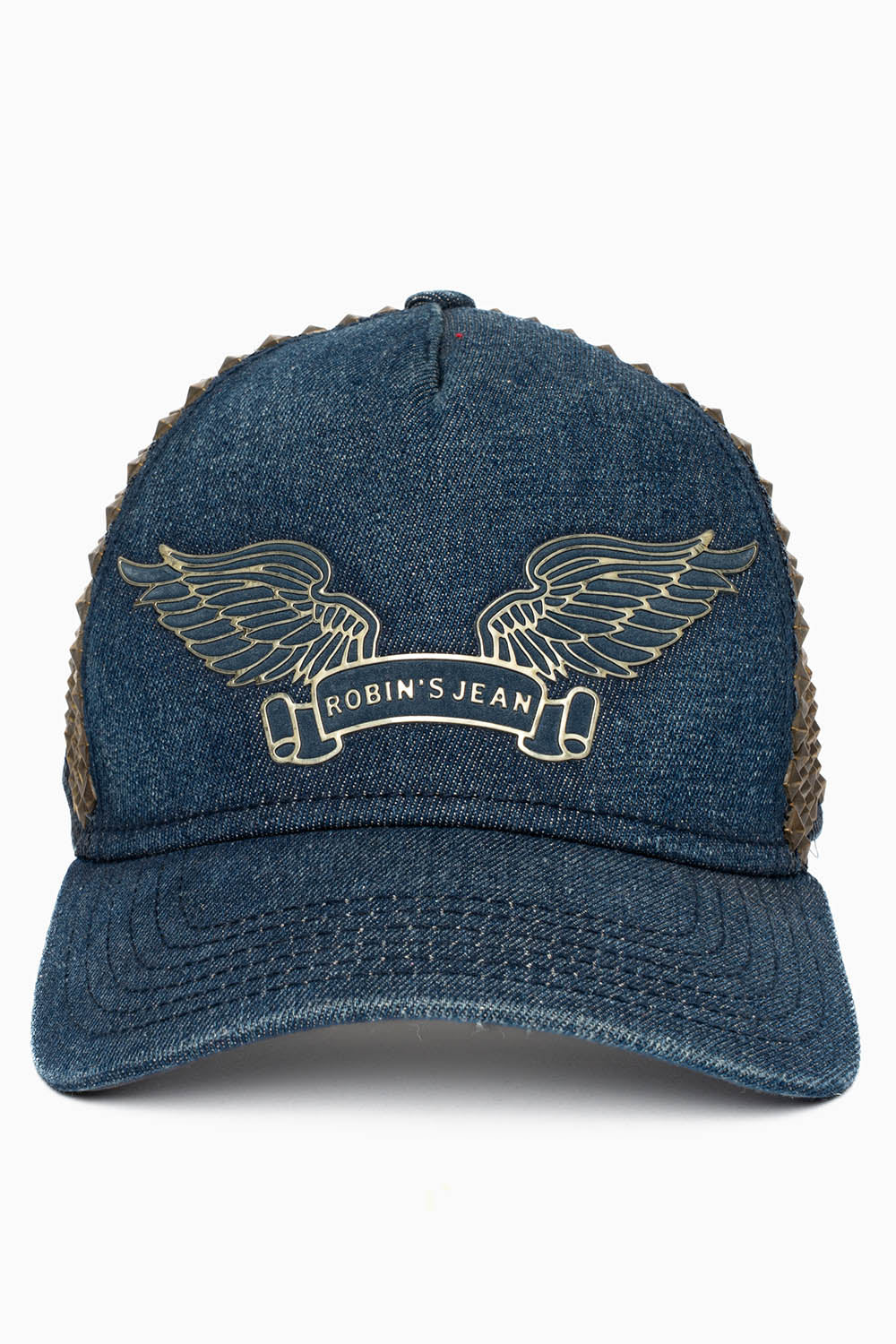 DENIM CAP WITH FULL ANTIQUE BRASS PYRAMID STUDS