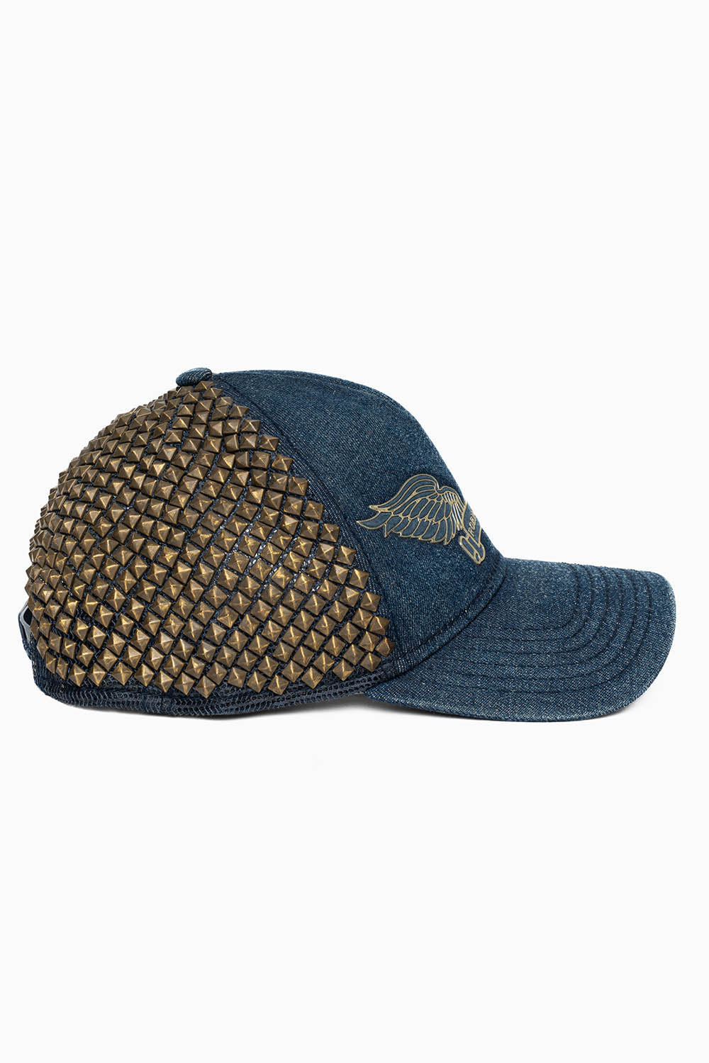 DENIM CAP WITH FULL ANTIQUE BRASS PYRAMID STUDS