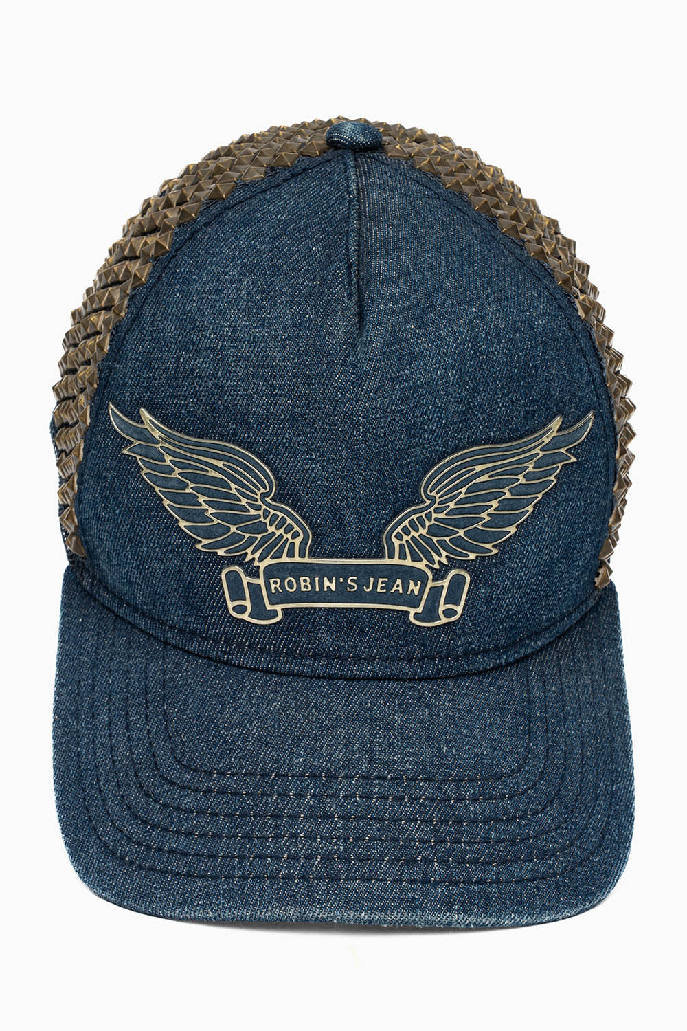DENIM CAP WITH FULL ANTIQUE BRASS PYRAMID STUDS