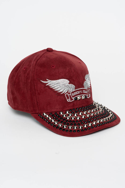 MICRO SUEDE CAP IN BURGUNDY FULLY EMBELLISHED  IN SILVER WING LOGO EMBROIDERY
