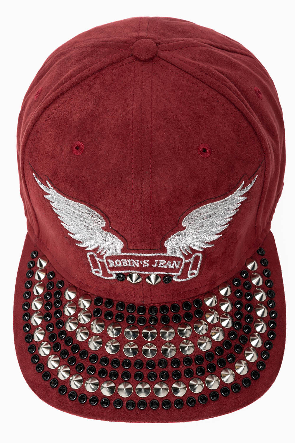 MICRO SUEDE CAP IN BURGUNDY FULLY EMBELLISHED  IN SILVER WING LOGO EMBROIDERY