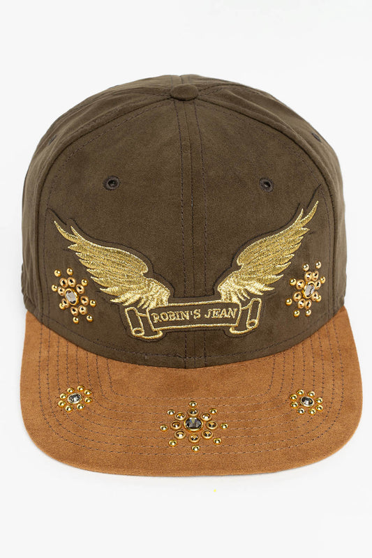 MICRO SUEDE CAP IN OLIVE /CAMEL COLOR IN GOLD WING LOGO EMBROIDERY WITH EMBELLISHMENT