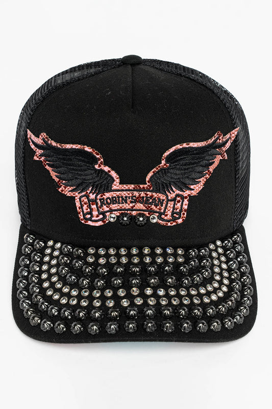 BLACK/SALMOM TRUCKER HAT WITH ROBIN’S SIGNATURE WING LOGO WITH  EMBELLISHMENT